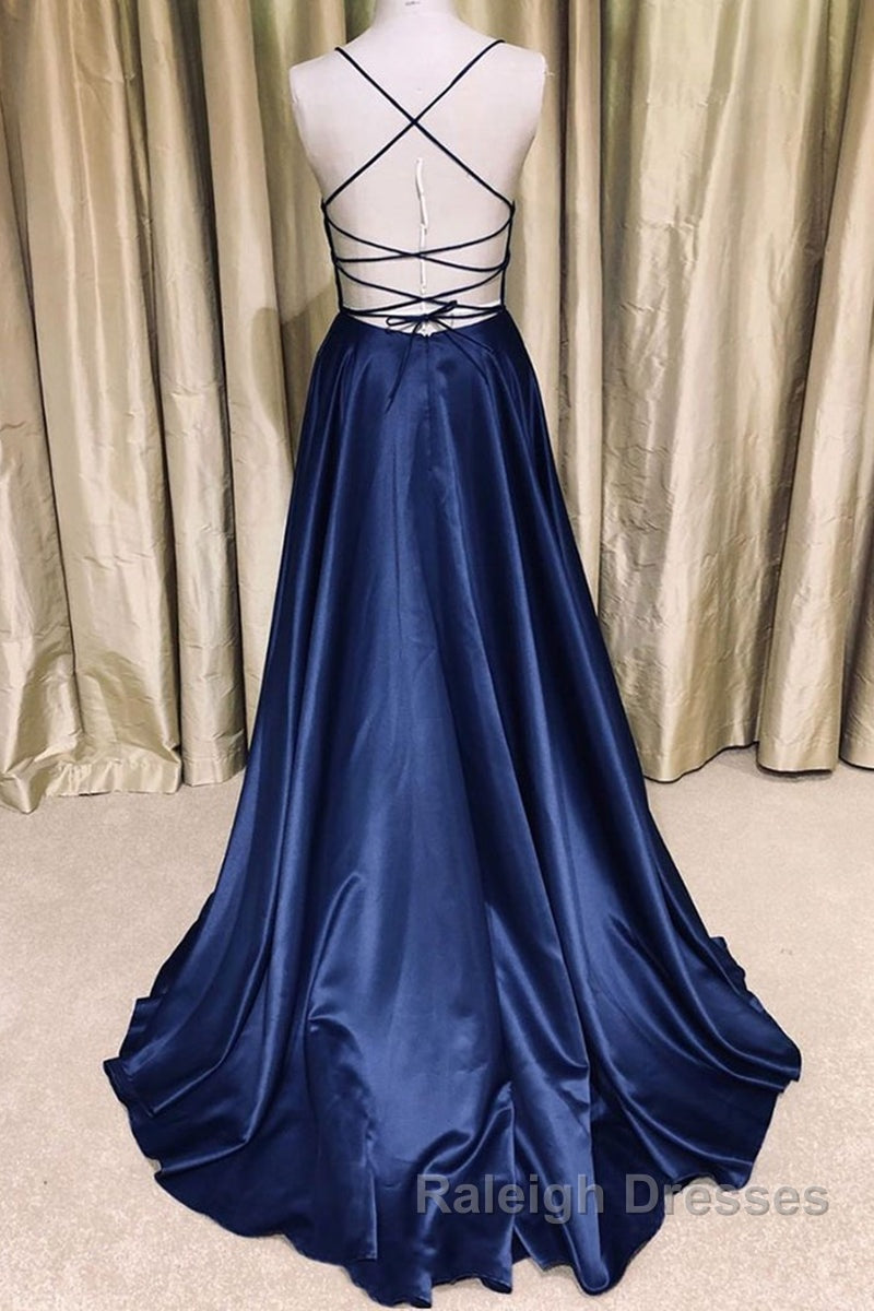 Royal Blue V Neck Backless Satin Long Prom Dresses, Royal Blue Formal Dresses, Backless Royal Blue Evening Dresses