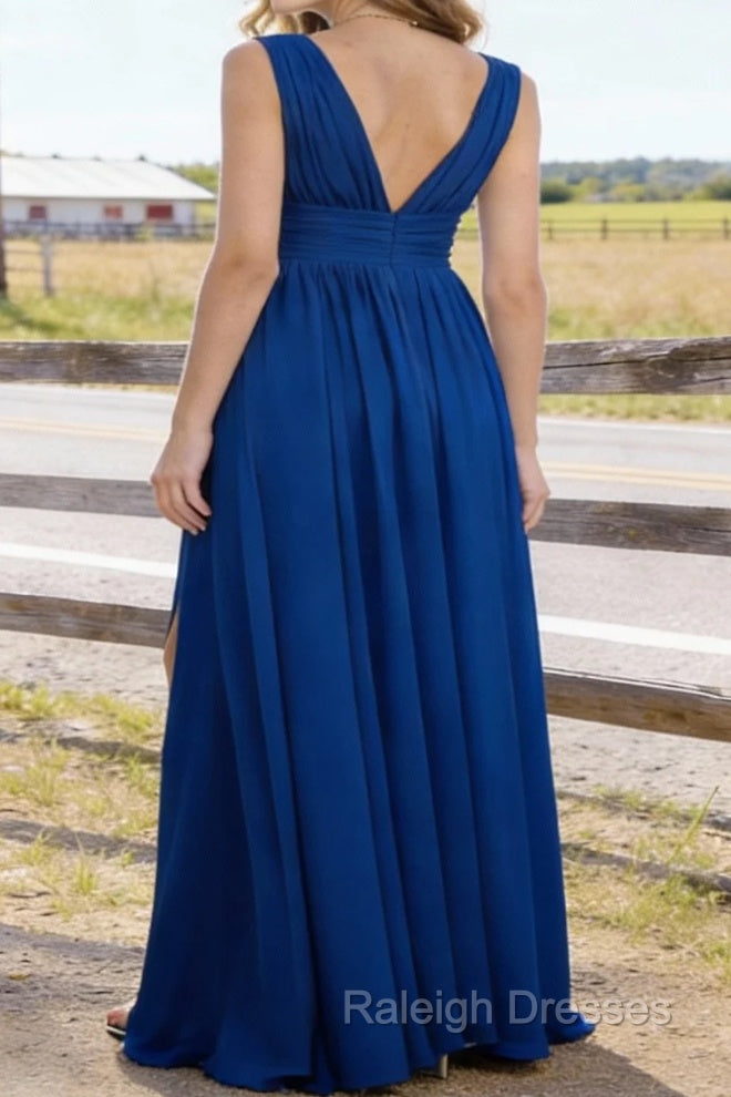 Royal Blue V Neck Chiffon Floor Length Bridesmaid Dress Long Bridesmaid Dresses With Pleated Split Secondary image