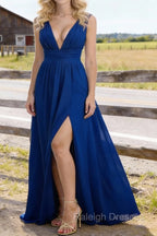 Royal Blue V Neck Chiffon Floor Length Bridesmaid Dress Long Bridesmaid Dresses With Pleated Split