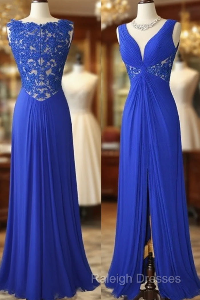 Royal Blue V Neck Chiffon Lace Long Prom Dress, Evening Dress