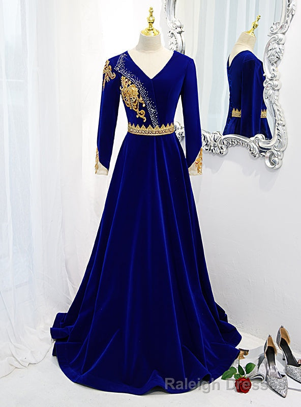 Royal Blue V-neck Long Sleeve Appliques Beading Prom Dress Main image