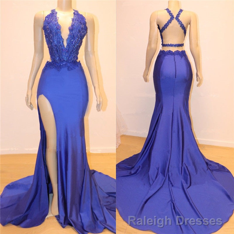 Royal Blue V-neck Open back Side Slit Mermaid Beads Lace Prom Dresses