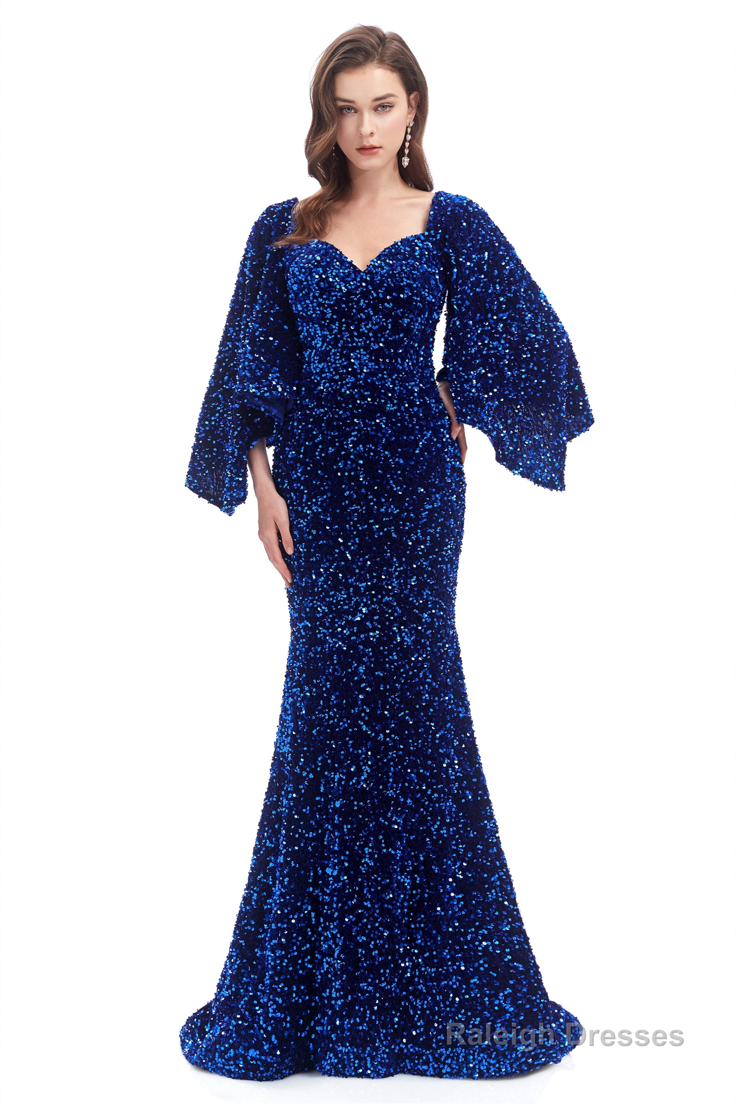 V-Neck Sequins Mermaid Prom Dresses with Sleeves