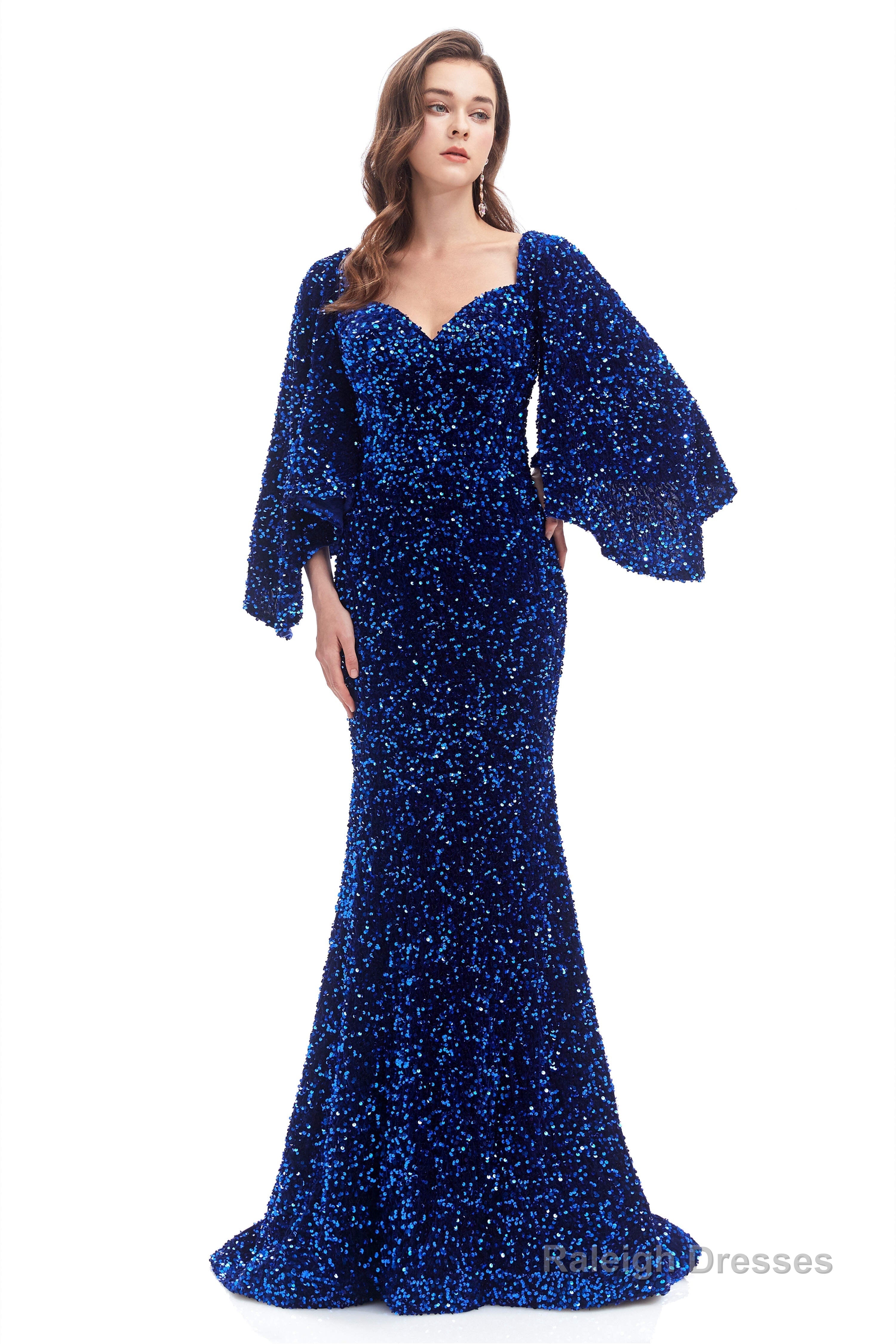 V-Neck Sequins Mermaid Prom Dresses with Sleeves