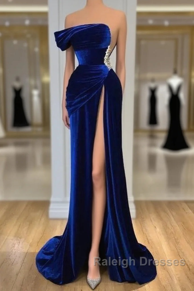 Royal Blue Velvet Trumpet Mermaid Prom Dresses With Slit