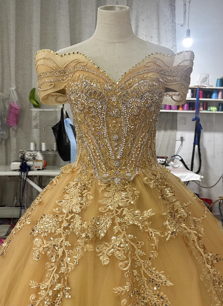Royal Champagne Gold Off-The-Shoulder Beaded Embroidered Tulle Long Formal Prom Dress Secondary image