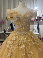 Royal Champagne Gold Off-The-Shoulder Beaded Embroidered Tulle Long Formal Prom Dress