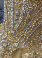 Royal Champagne Gold Off-The-Shoulder Beaded Embroidered Tulle Long Formal Prom Dress