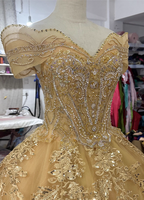 Royal Champagne Gold Off-The-Shoulder Beaded Embroidered Tulle Long Formal Prom Dress