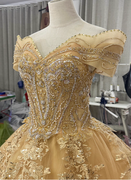 Royal Champagne Gold Off-The-Shoulder Beaded Embroidered Tulle Long Formal Prom Dress