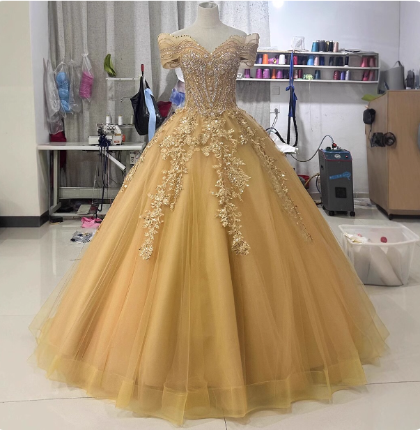 Royal Champagne Gold Off-The-Shoulder Beaded Embroidered Tulle Long Formal Prom Dress Main image