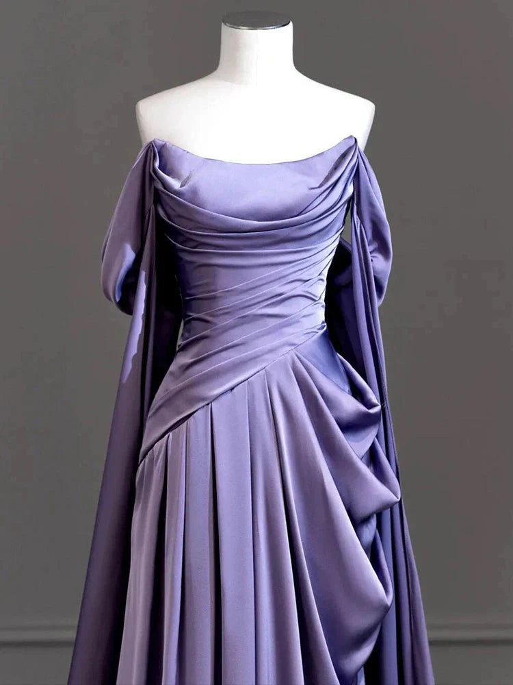 Royal Purple A-Line Off Shoulder Satin Prom Dresses Long Prom Dresses
