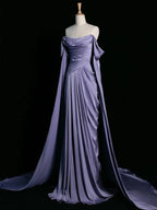 Royal Purple A-Line Off Shoulder Satin Prom Dresses Long Prom Dresses