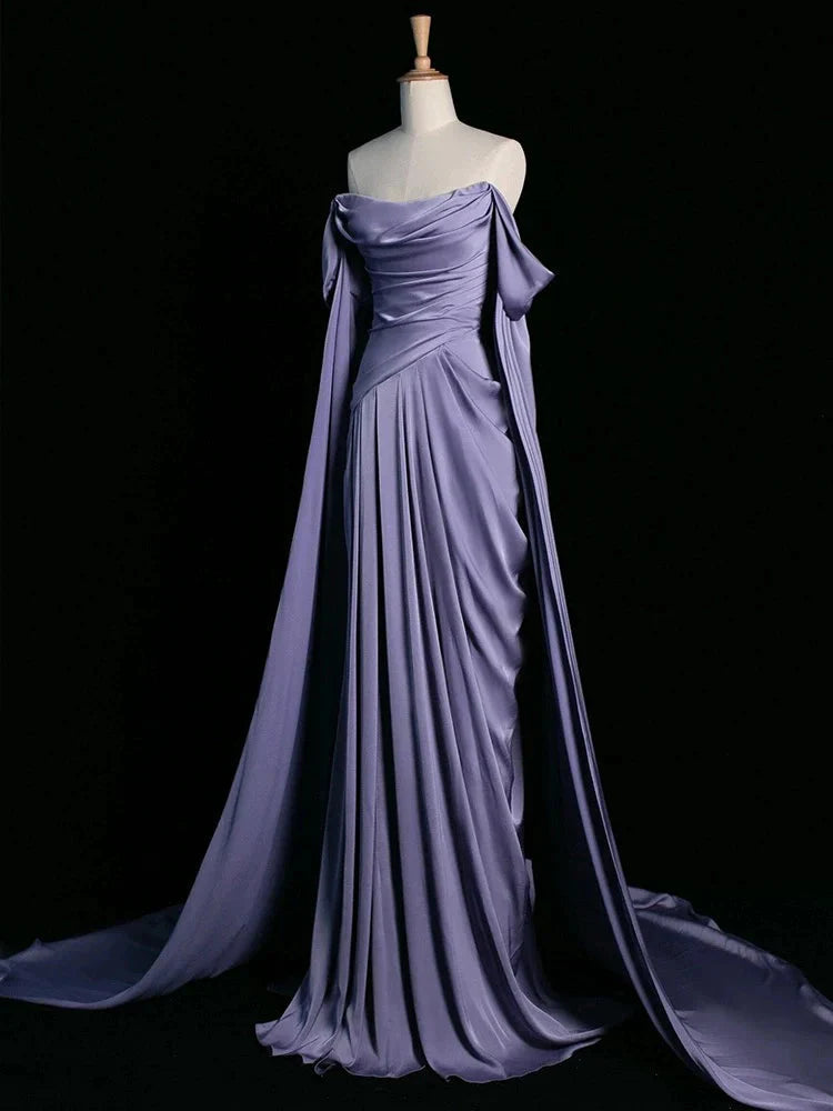 Royal Purple A-Line Off Shoulder Satin Prom Dresses Long Prom Dresses