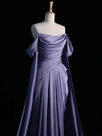Royal Purple A-Line Off Shoulder Satin Prom Dresses Long Prom Dresses