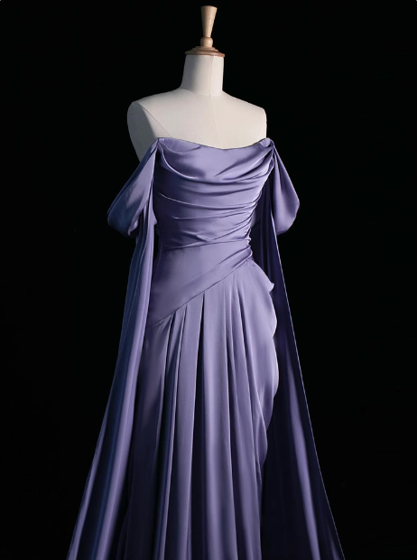 Royal Purple A-Line Off Shoulder Satin Prom Dresses Long Prom Dresses