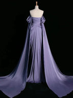 Royal Purple A-Line Off Shoulder Satin Prom Dresses Long Prom Dresses