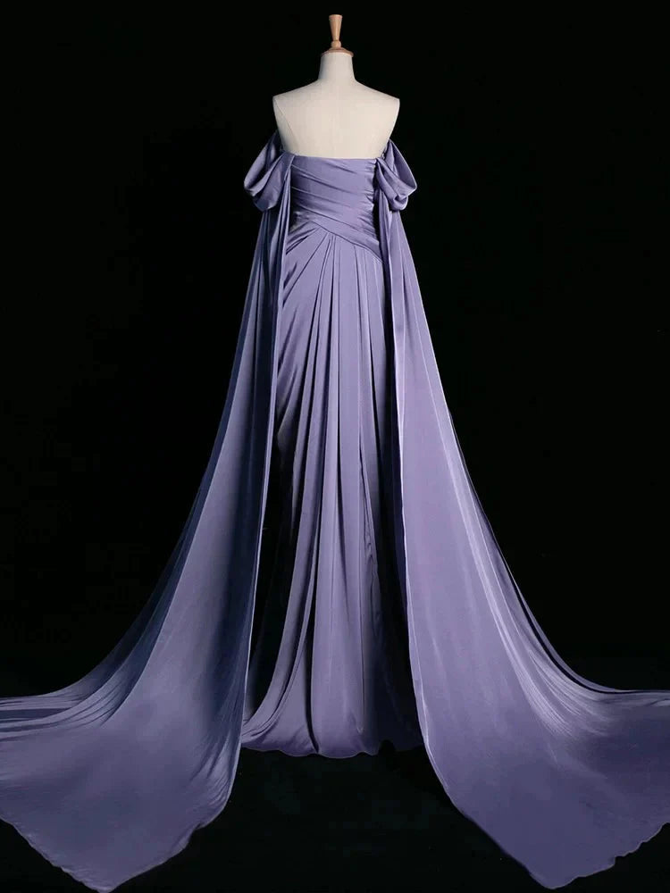 Royal Purple A-Line Off Shoulder Satin Prom Dresses Long Prom Dresses
