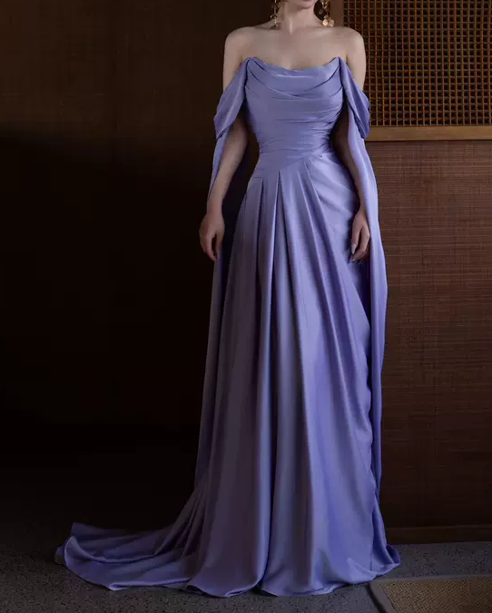 Royal Purple A-Line Off Shoulder Satin Prom Dresses Long Prom Dresses