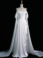 Royal Purple A-Line Off Shoulder Satin Prom Dresses Long Prom Dresses