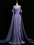 Royal Purple A-Line Off Shoulder Satin Prom Dresses Long Prom Dresses