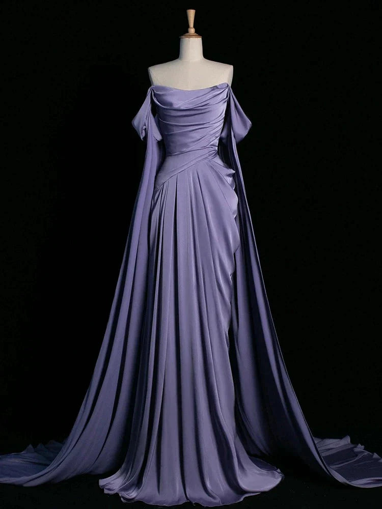 Royal Purple A-Line Off Shoulder Satin Prom Dresses Long Prom Dresses
