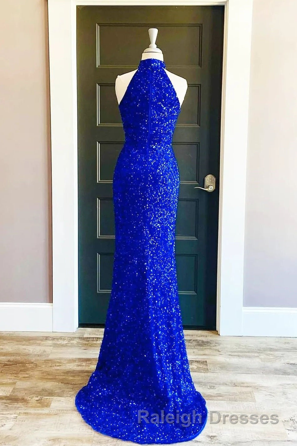 Sequins High Neck Royal Blue Long Party Dress with Slit Secondary image