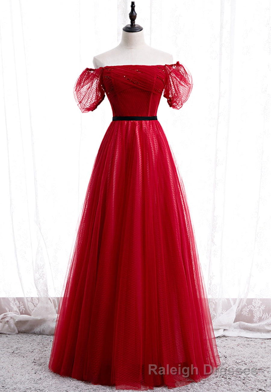Red Tulle Long Prom Dresses, A-Line Off the Shoulder Evening Dresses