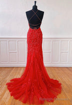 Red Lace Long Prom Dresses, Mermaid Prom Dresses