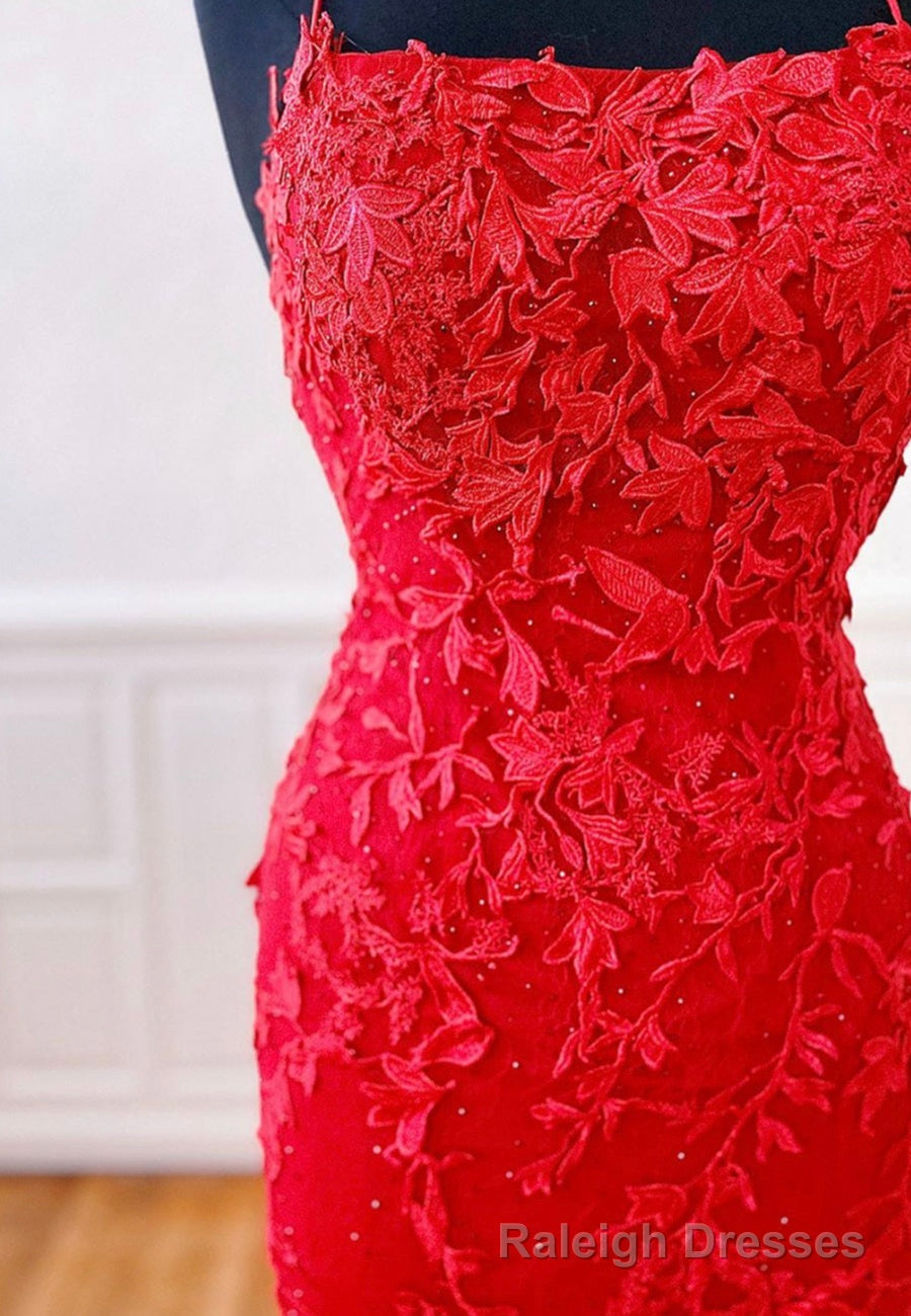 Red Lace Long Prom Dresses, Mermaid Prom Dresses