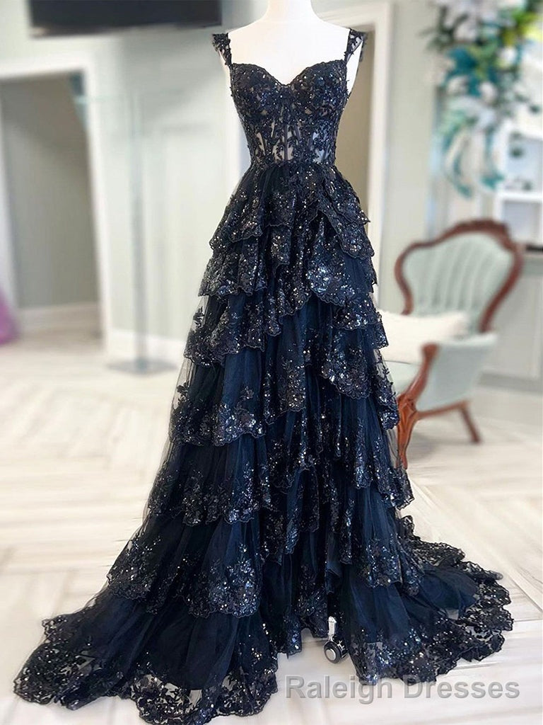 A Line Sweetheart Neck Tulle Sequin Black Long Prom Dress, Black Formal Dress Main image