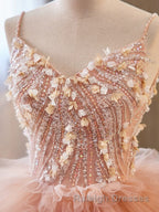 Unique V Neck Tulle Sequin Orange Pink Long Prom Dress, Orange Pink Sweet 16 Dress