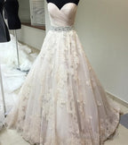 Ruched Sweetheart Crystal Beaded Sashes Tulle Wedding Dress Lace Embroidery