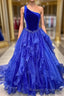 Ruffle One Shoulder Royal Blue Velvet Top Long Formal Dress