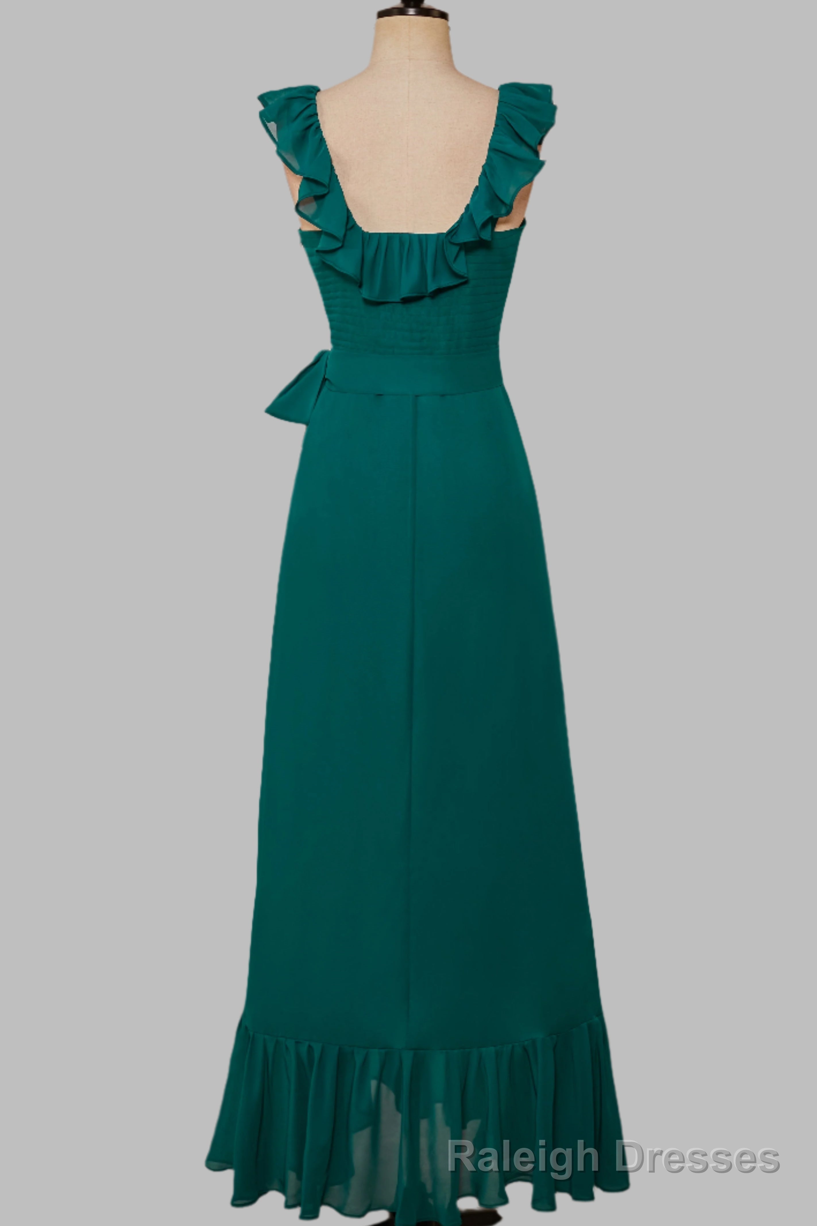 Ruffled Crew Neck Emerald Chiffon Midi Bridesmaid Dress Secondary image