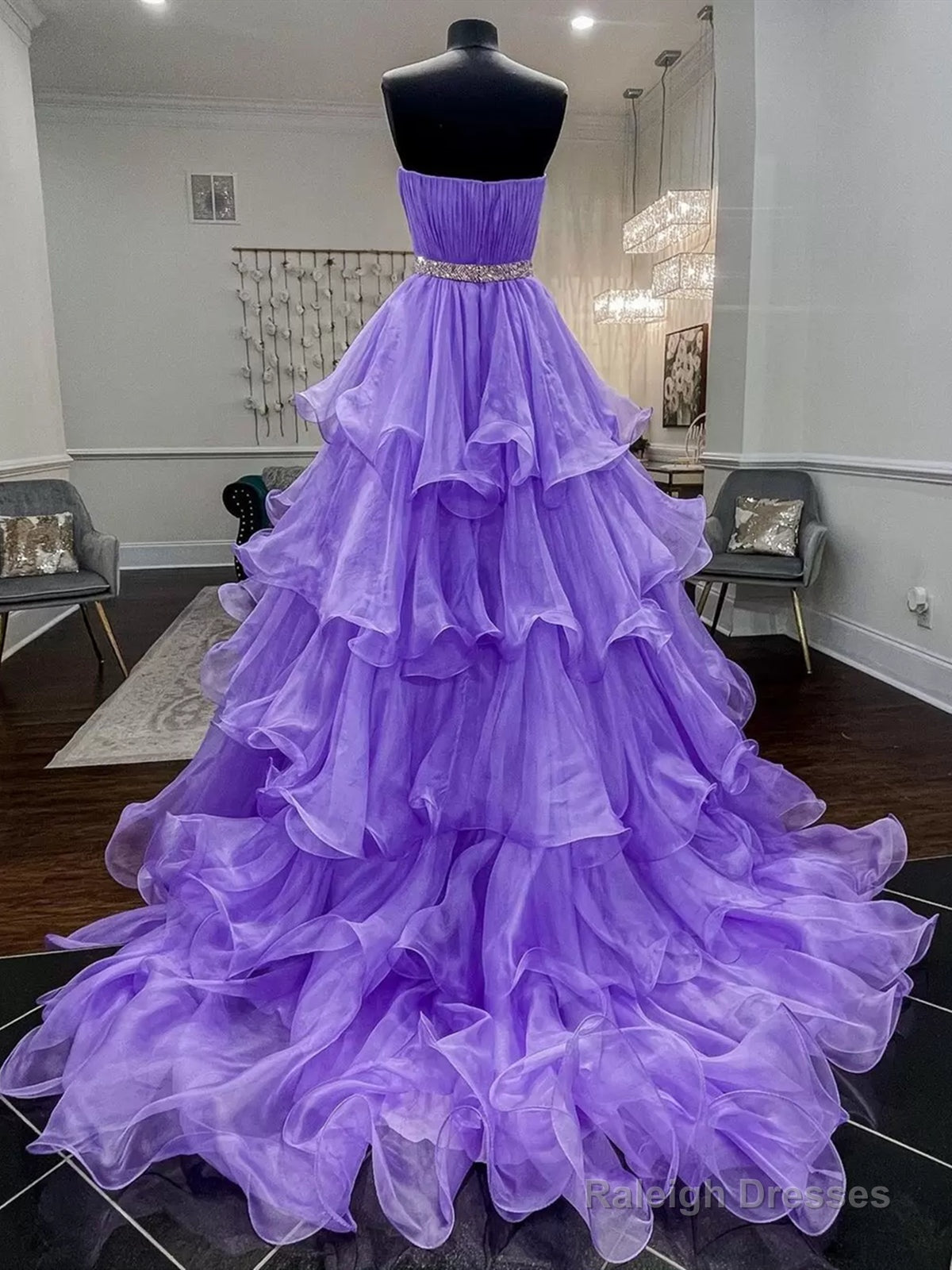 Ruffled Organza?Purple Long Prom Dress, Ruffled Organza Long Purple Formal Graduation Dresses
