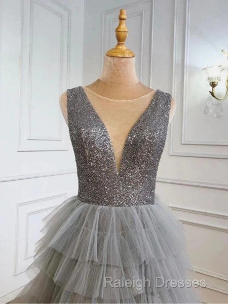 Ruffles Tulle V Neck Gray Sequin Long Prom Dress Secondary image