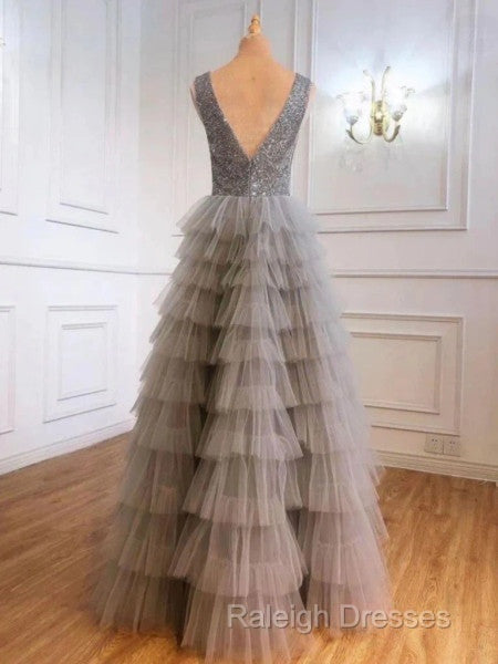 Ruffles Tulle V Neck Gray Sequin Long Prom Dress