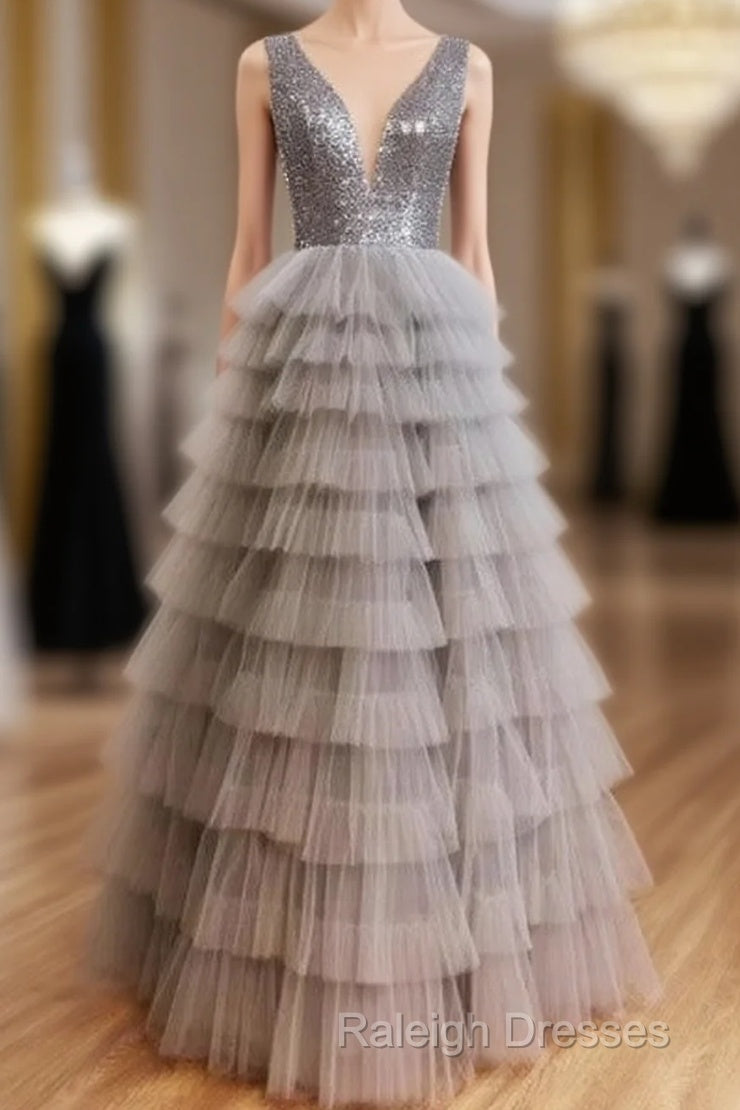 Ruffles Tulle V Neck Gray Sequin Long Prom Dress Main image
