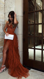 Rust Red Sweetheart High Low Tiered Prom Dress Tulle Prom Dresses