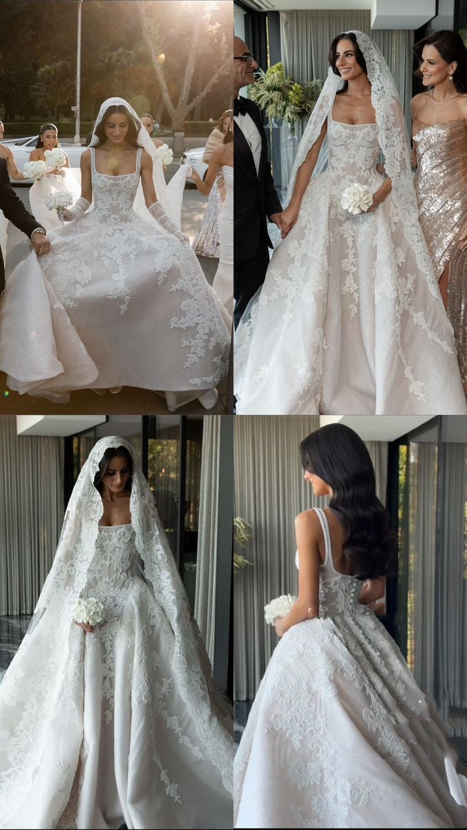 Rustic Wedding Dresses Ball Gowns Square Neck White Lace Tulle Long Wedding Dress Summer Brides Dresses Bridal Gown