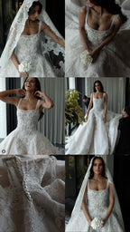 Rustic Wedding Dresses Ball Gowns Square Neck White Lace Tulle Long Wedding Dress Summer Brides Dresses Bridal Gown