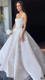 Rustic Wedding Dresses Ball Gowns Square Neck White Lace Tulle Long Wedding Dress Summer Brides Dresses Bridal Gown