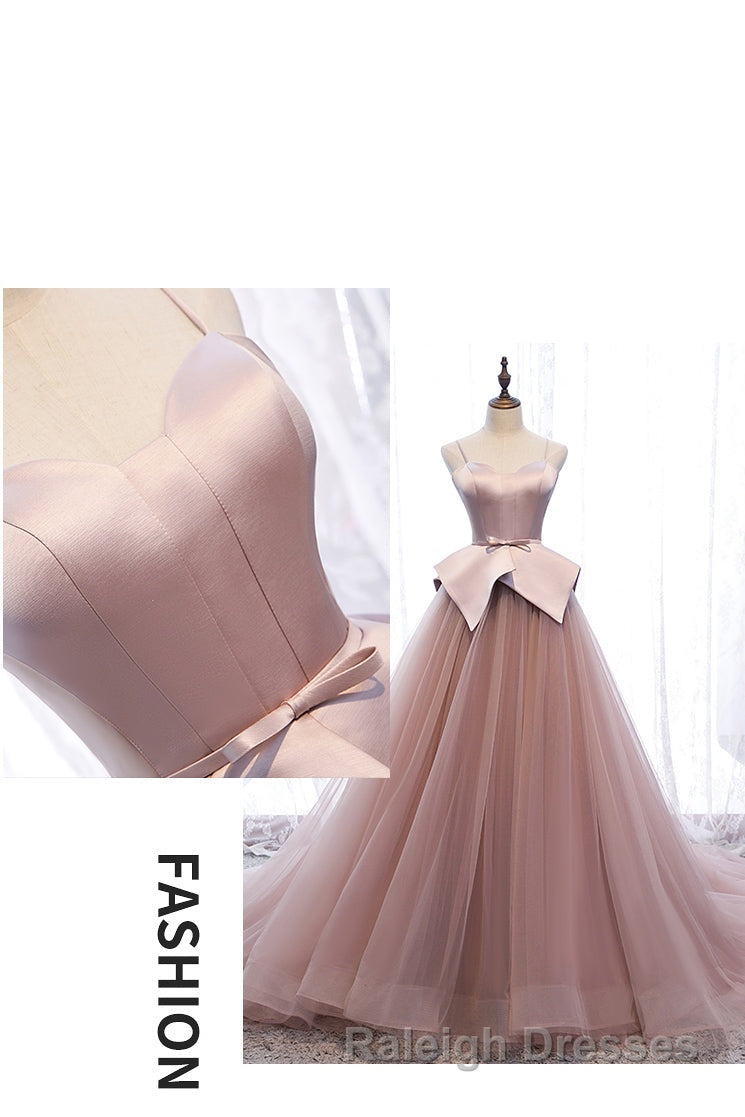 Pink Spaghetti Straps Tulle Long Prom Dresses Unique Long Wedding Dess