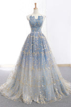 Elegant A Line Blue Tulle Long Strapless Lace Up Gold Prom Dress, Js223