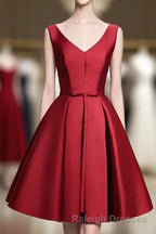 Simple Burgundy Satin V Neck Short Prom Dresseses