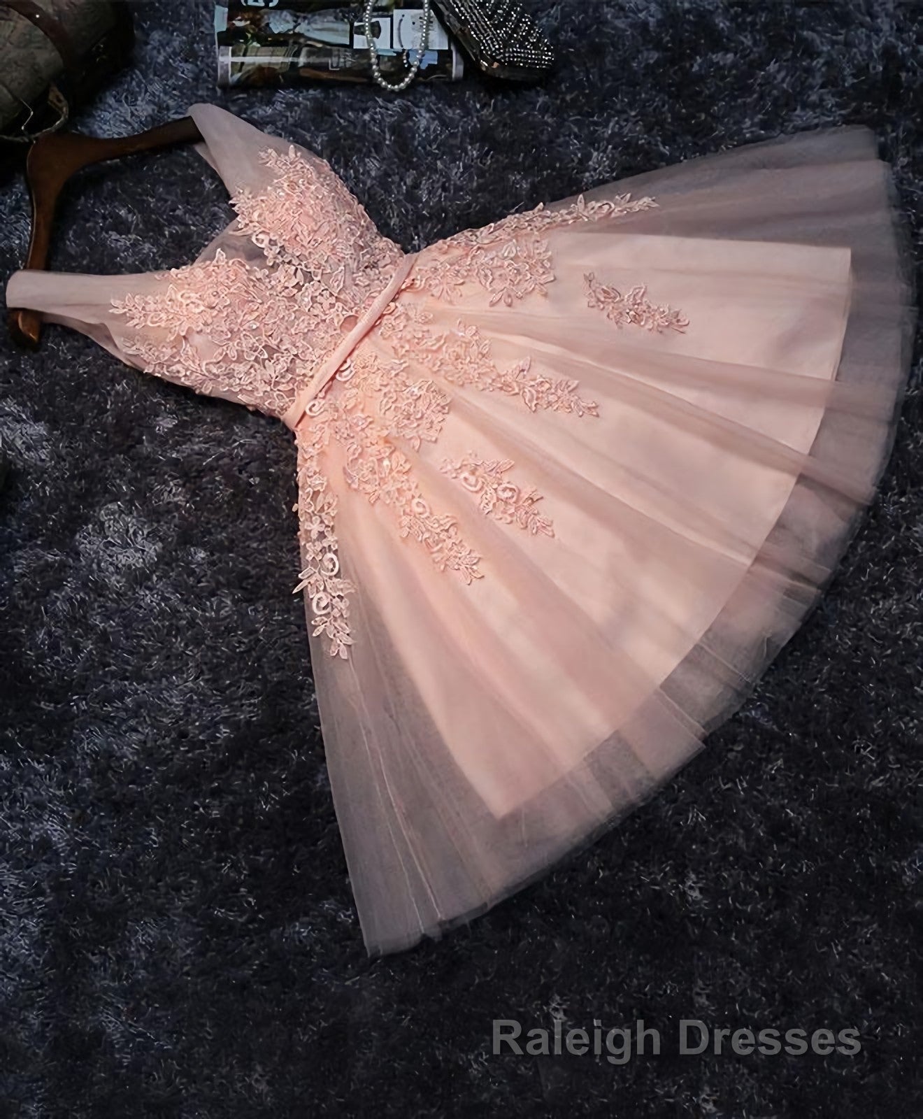 Pink V Neck Tulle Lace Short Prom Dress, Homecoming Dresses Main image