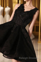 Black V Neck Lace Short Prom Dresses Homecoming Dress Homecoming Dress