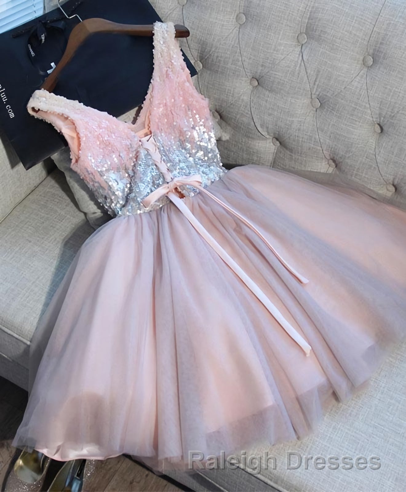 Cute Pink V Neck Tulle Seqsuins Short Prom Dress, Cocktail Dress Secondary image