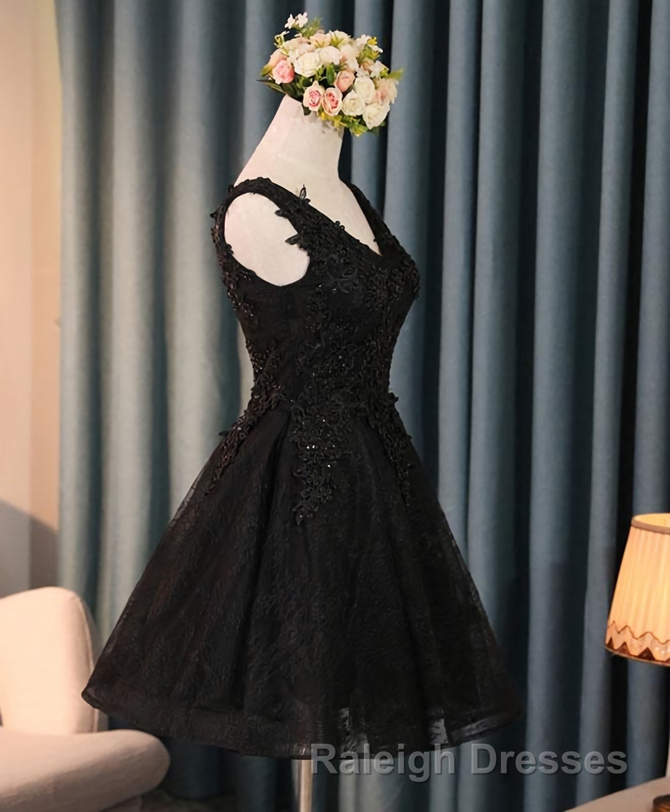 Black V Neck Lace Short Prom Dresses Homecoming Dress Homecoming Dress